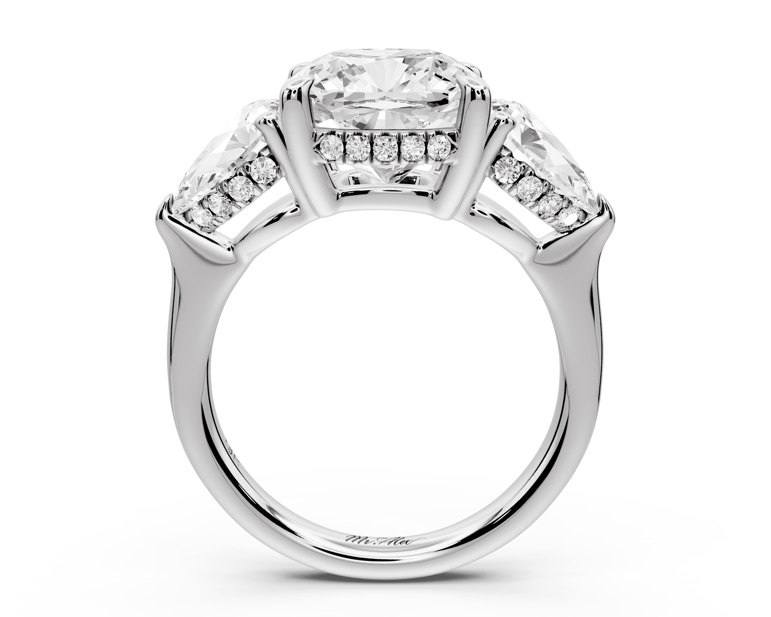 Stella - 4ct platinum Three Stone cushion with pears Hidden Halo Engagement Ring - Mr. Alex Jewelry