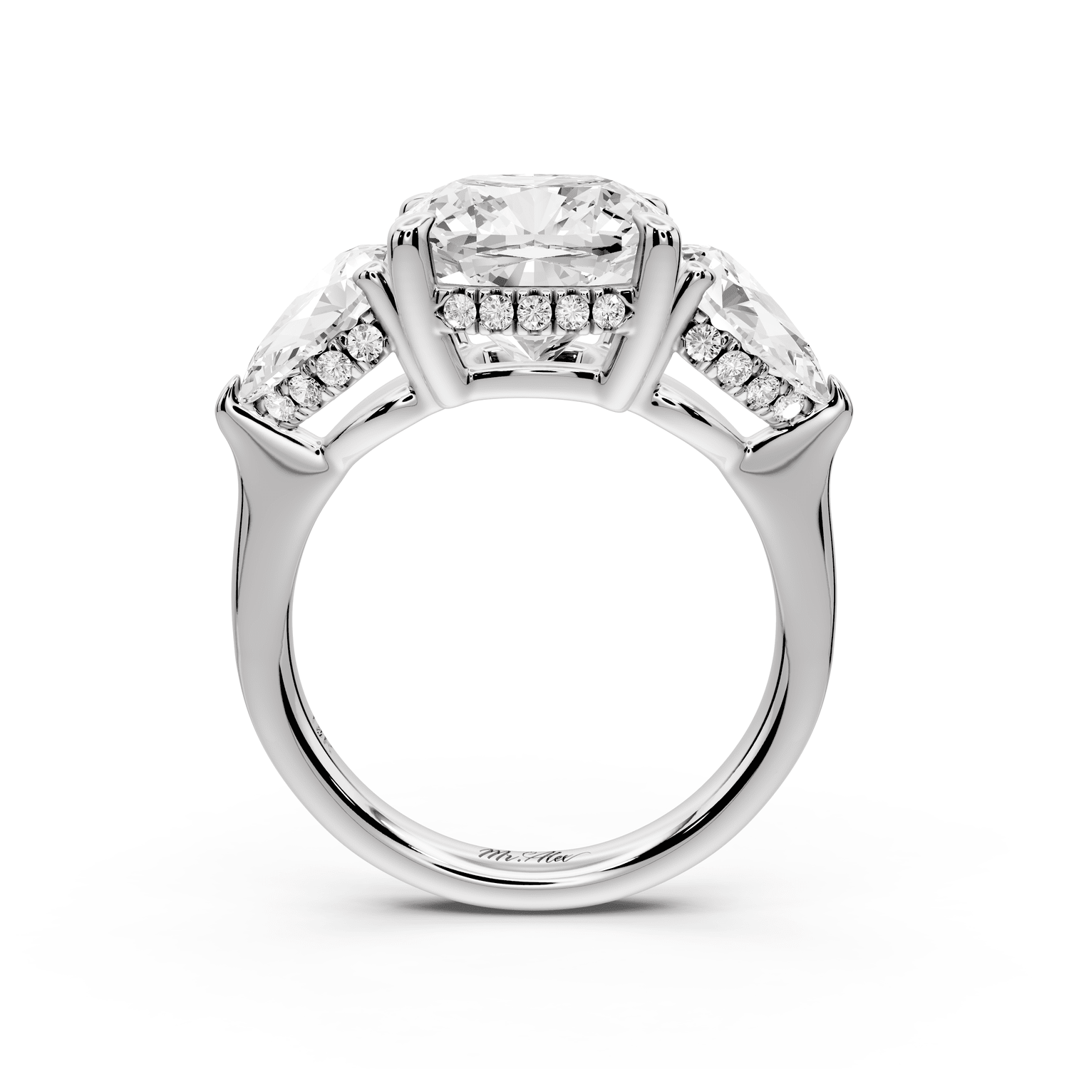 Stella - 4ct platinum Three Stone cushion with pears Hidden Halo Engagement Ring - Mr. Alex Jewelry