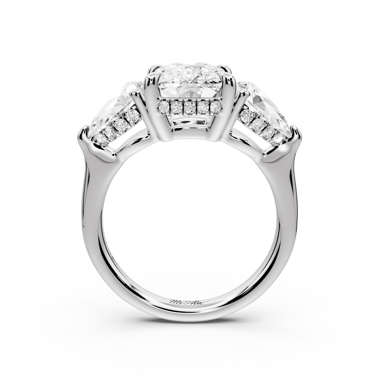Stella - 4ct platinum Three Stone ecushion with pears Hidden Halo Engagement Ring - Mr. Alex Jewelry