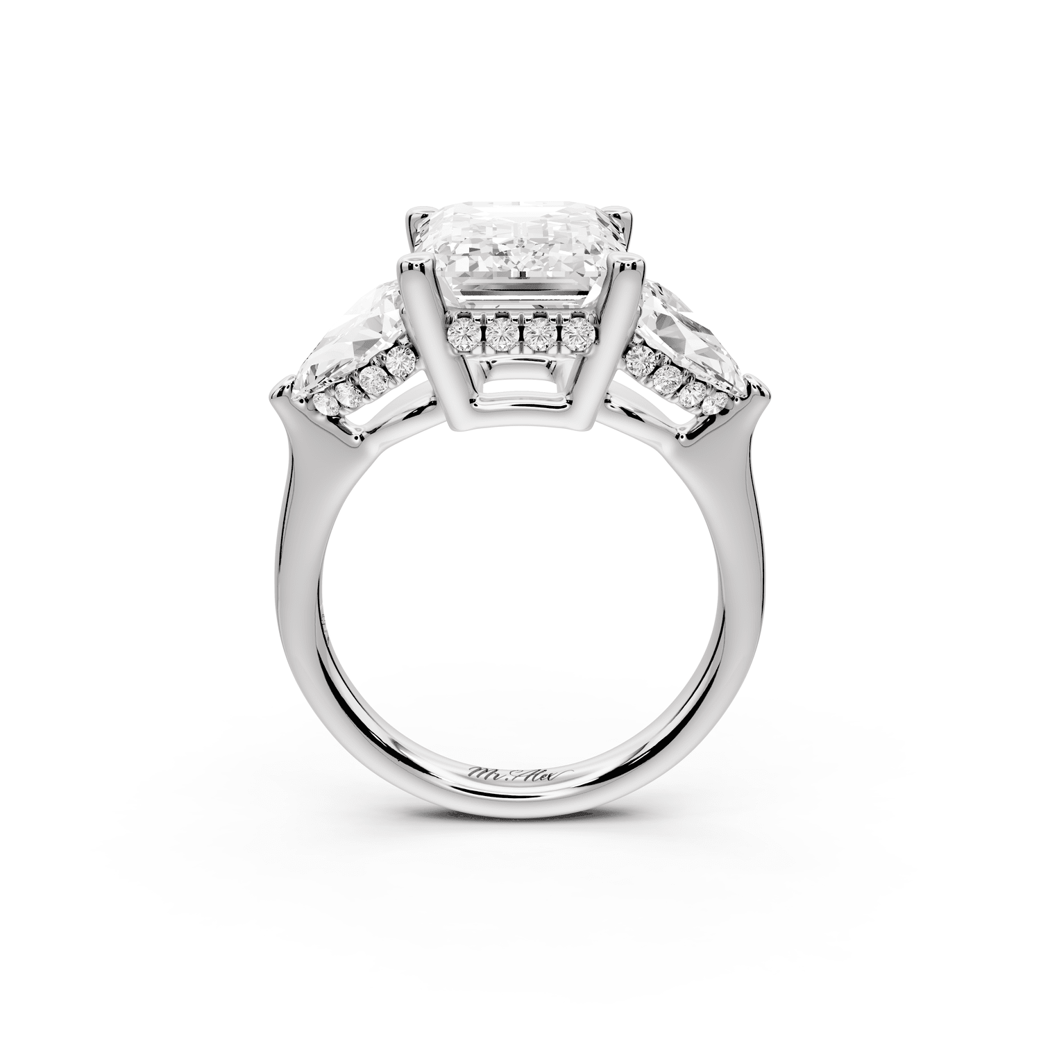Stella - 4ct platinum Three Stone emerald with pears Hidden Halo Engagement Ring - Mr. Alex Jewelry