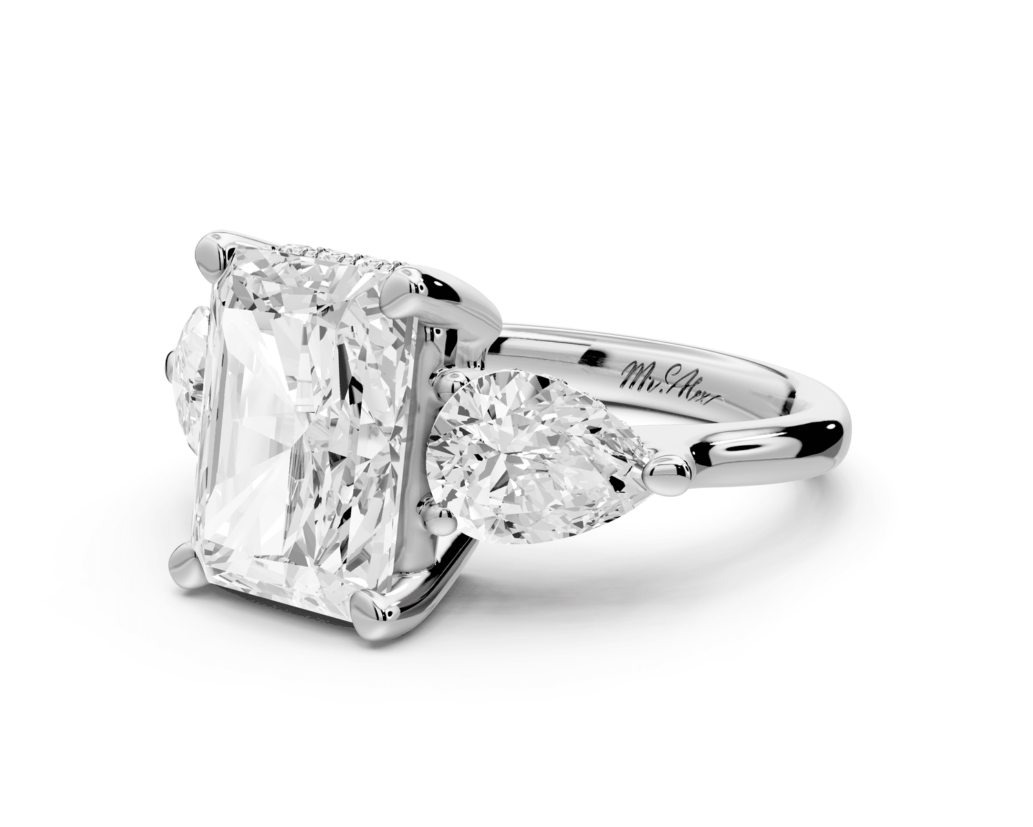 Stella - 4ct platinum Three Stone radiant with pears Hidden Halo Engagement Ring - Mr. Alex Jewelry
