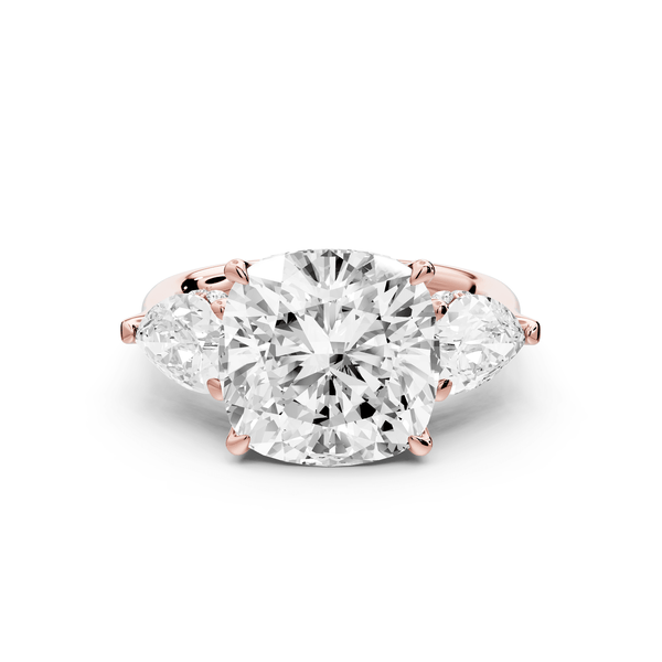 Stella - 5ct 14k rose gold Three Stone cushion with pears Hidden Halo Engagement Ring - Mr. Alex Jewelry