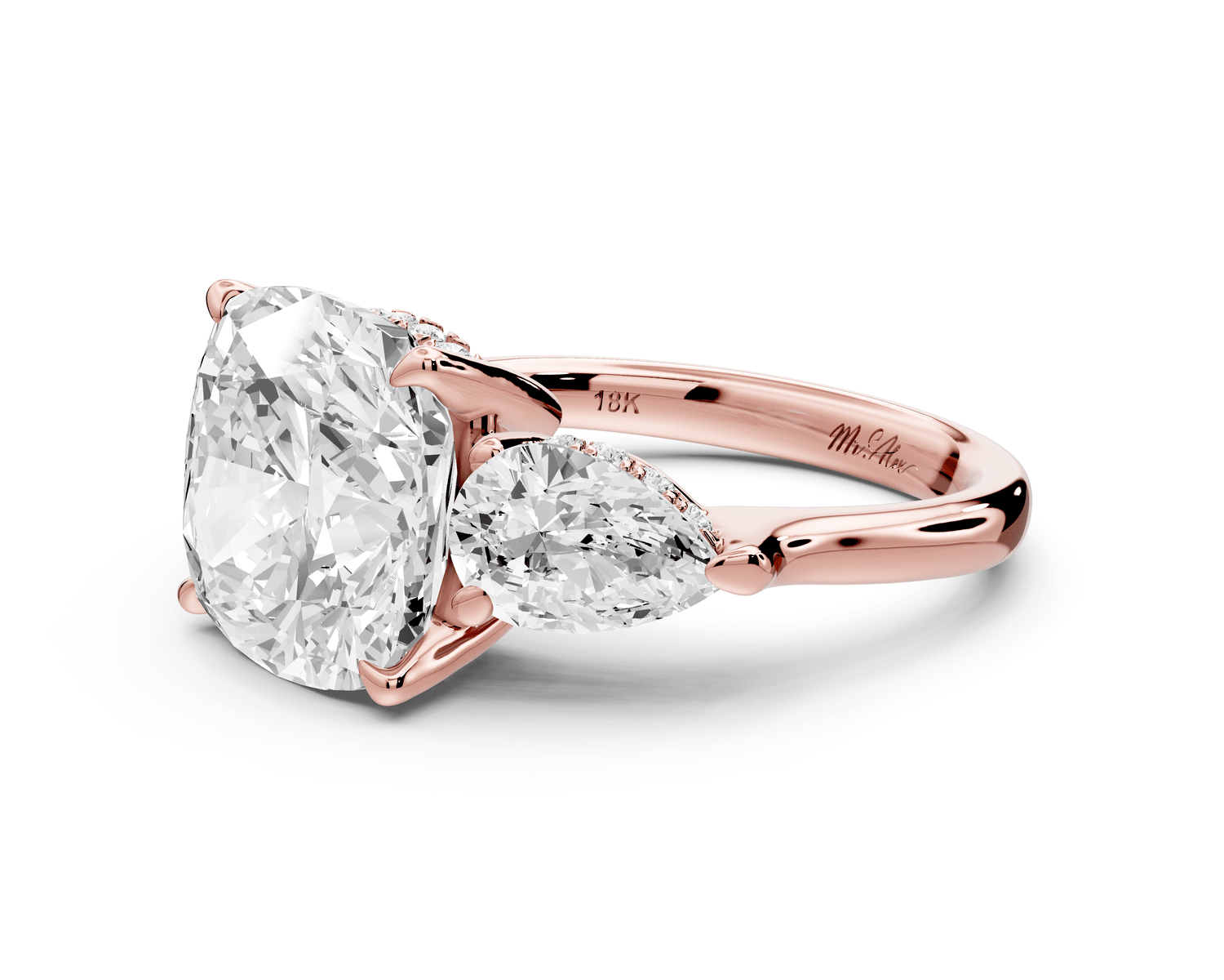 Stella - 5ct 14k rose gold Three Stone cushion with pears Hidden Halo Engagement Ring - Mr. Alex Jewelry