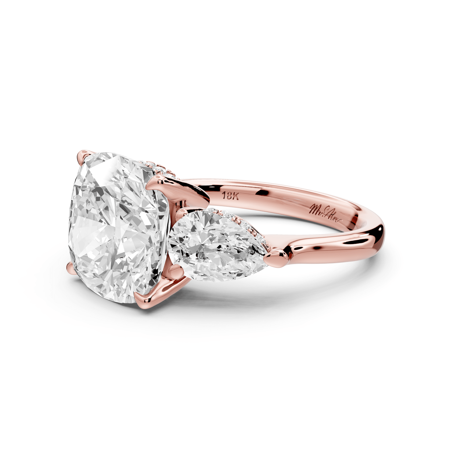 Stella - 5ct 14k rose gold Three Stone cushion with pears Hidden Halo Engagement Ring - Mr. Alex Jewelry