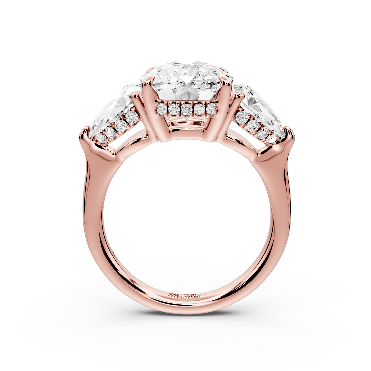 Stella - 5ct 14k rose gold Three Stone ecushion with pears Hidden Halo Engagement Ring - Mr. Alex Jewelry