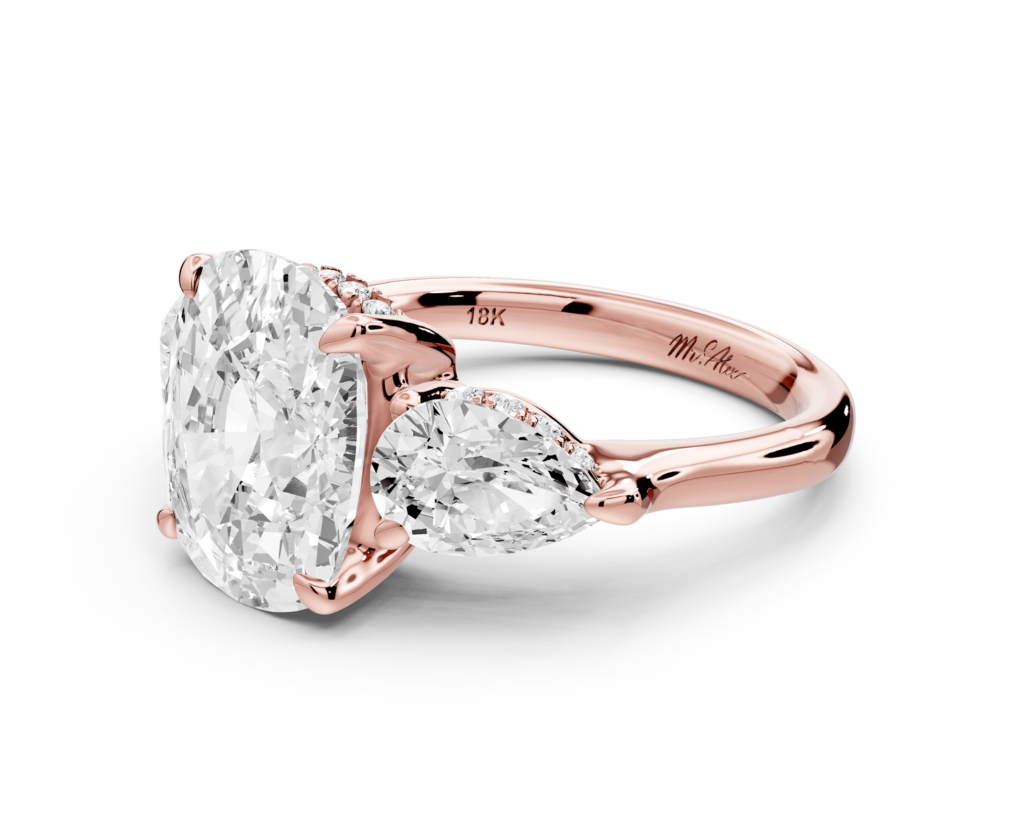 Stella - 5ct 14k rose gold Three Stone ecushion with pears Hidden Halo Engagement Ring - Mr. Alex Jewelry