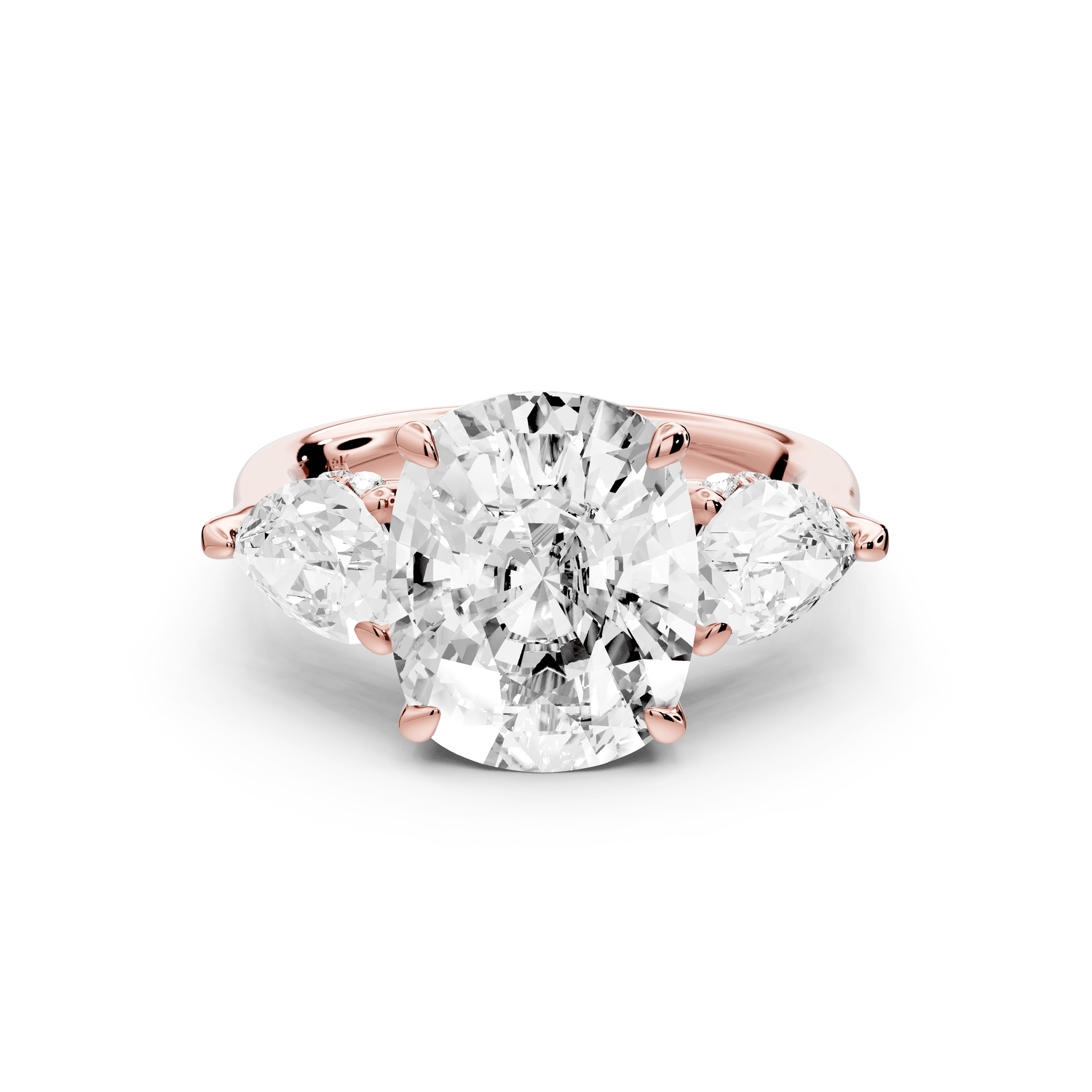 Stella - 5ct 14k rose gold Three Stone ecushion with pears Hidden Halo Engagement Ring - Mr. Alex Jewelry