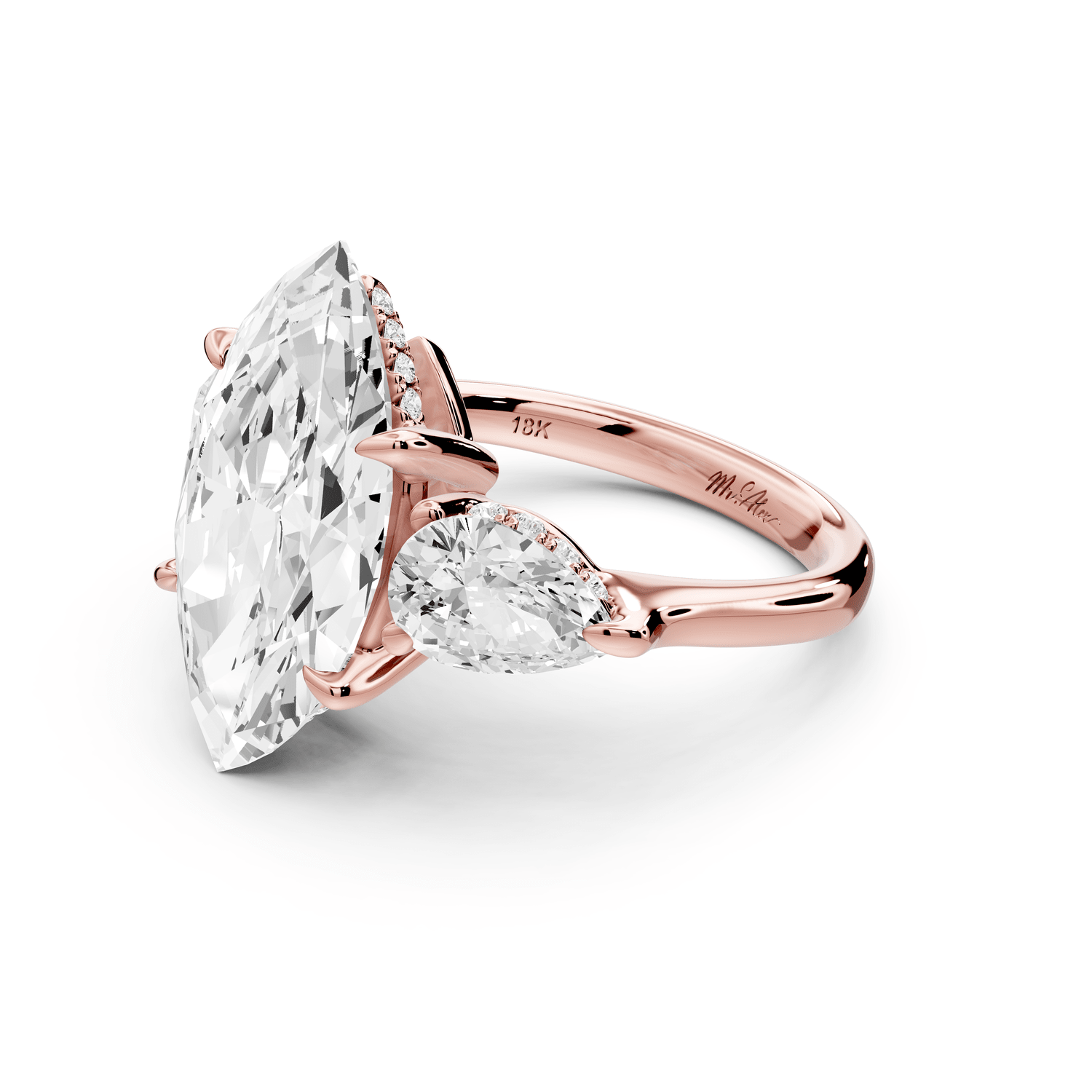 Stella - 5ct 14k rose gold Three Stone marquise with pears Hidden Halo Engagement Ring - Mr. Alex Jewelry