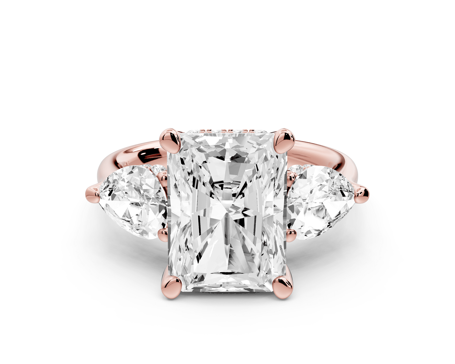 Stella - 5ct 14k rose gold Three Stone radiant with pears Hidden Halo Engagement Ring - Mr. Alex Jewelry
