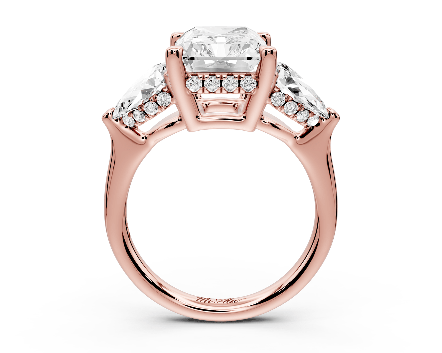 Stella - 5ct 14k rose gold Three Stone radiant with pears Hidden Halo Engagement Ring - Mr. Alex Jewelry