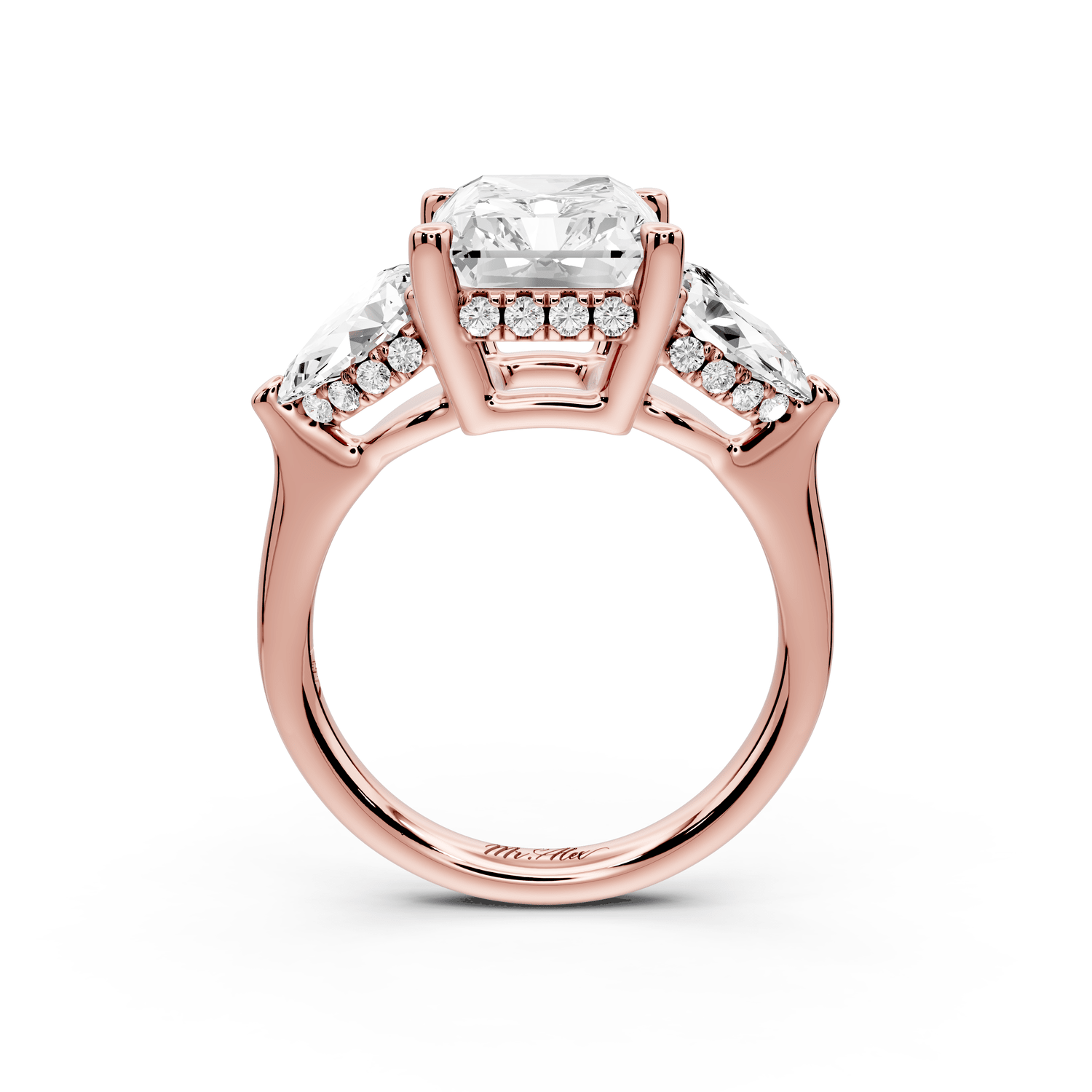 Stella - 5ct 14k rose gold Three Stone radiant with pears Hidden Halo Engagement Ring - Mr. Alex Jewelry