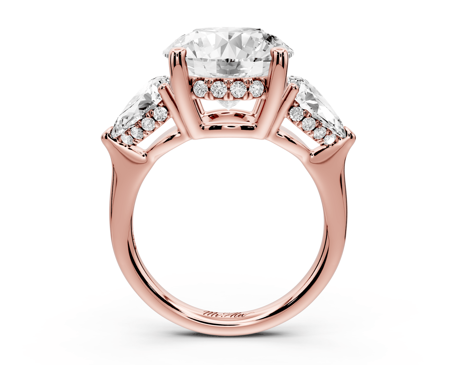 Stella - 5ct 14k rose gold Three Stone round with pears Hidden Halo Engagement Ring - Mr. Alex Jewelry