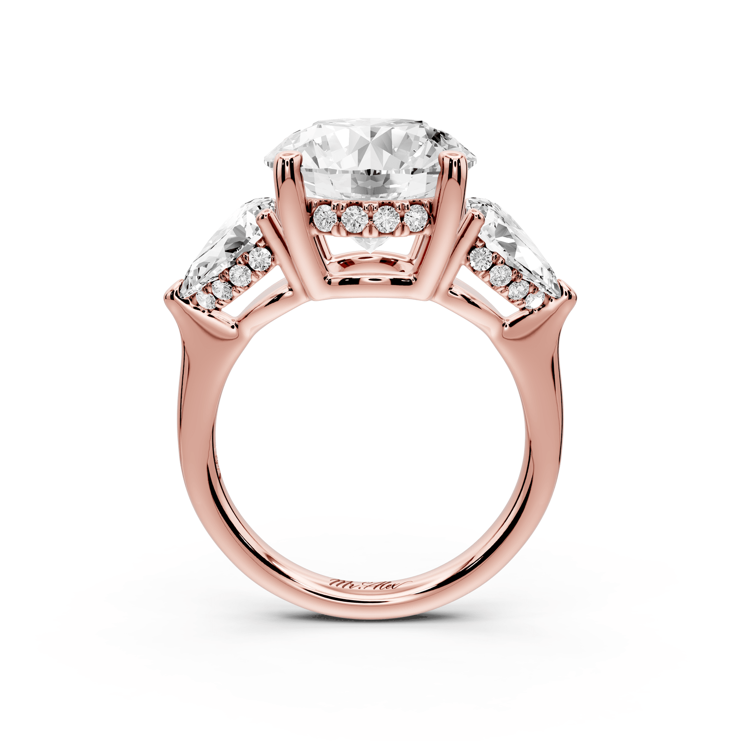 Stella - 5ct 14k rose gold Three Stone round with pears Hidden Halo Engagement Ring - Mr. Alex Jewelry