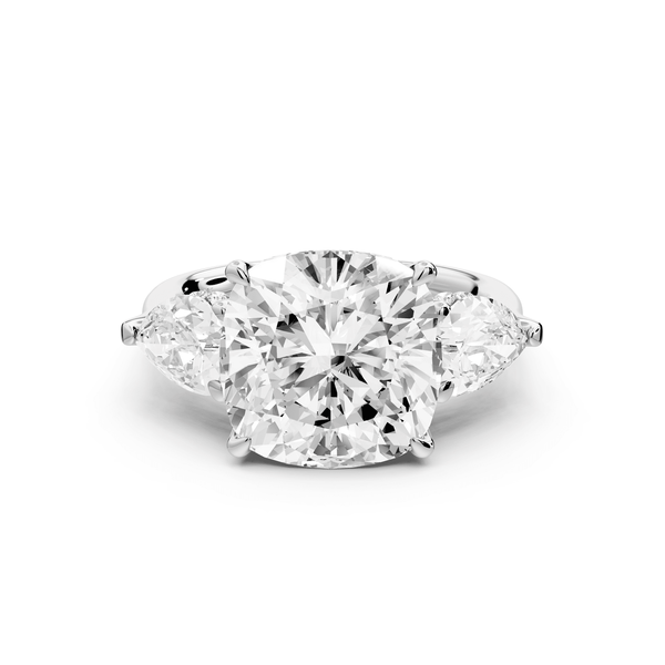 Stella - 5ct 14k white gold Three Stone cushion with pears Hidden Halo Engagement Ring - Mr. Alex Jewelry
