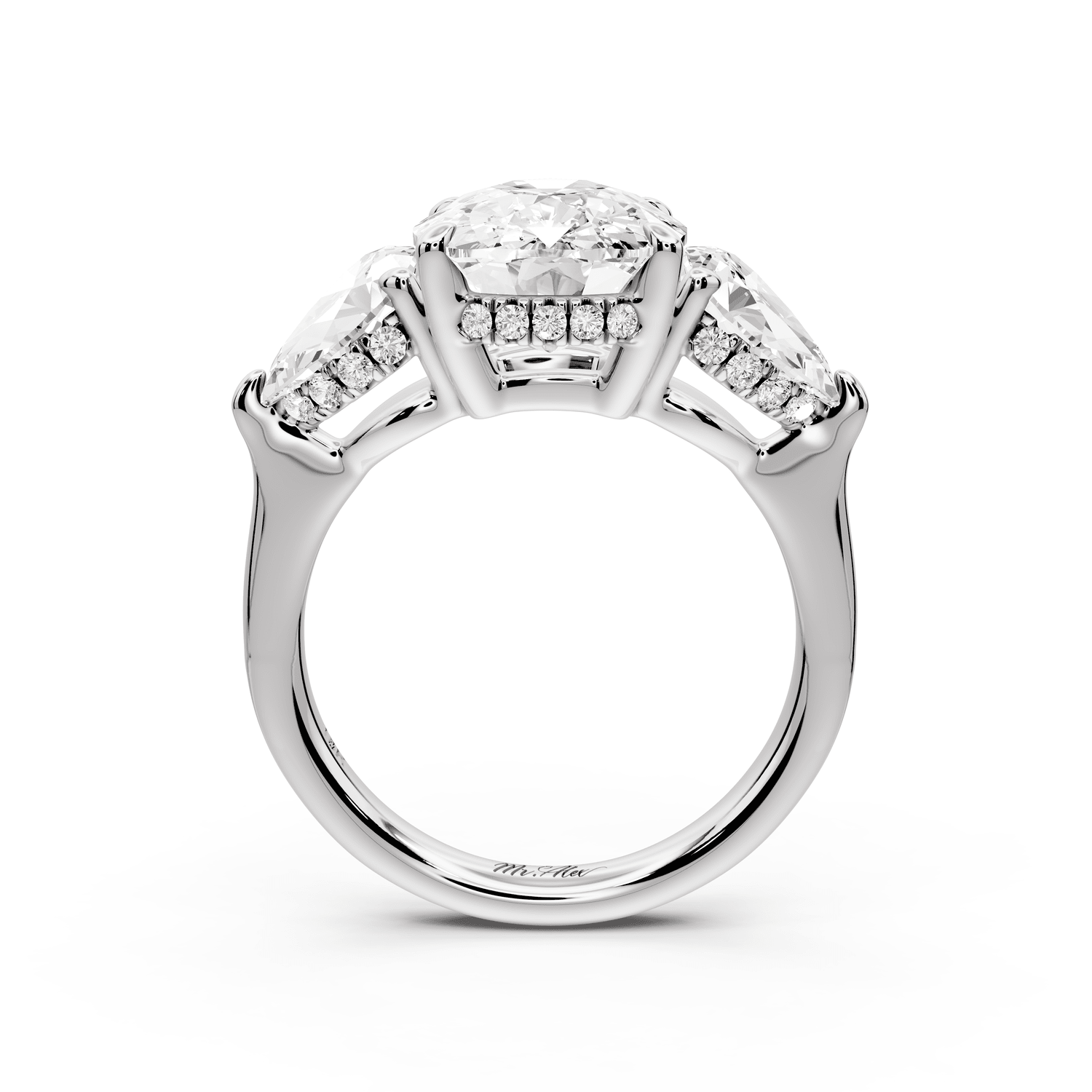 Stella - 5ct 14k white gold Three Stone ecushion with pears Hidden Halo Engagement Ring - Mr. Alex Jewelry