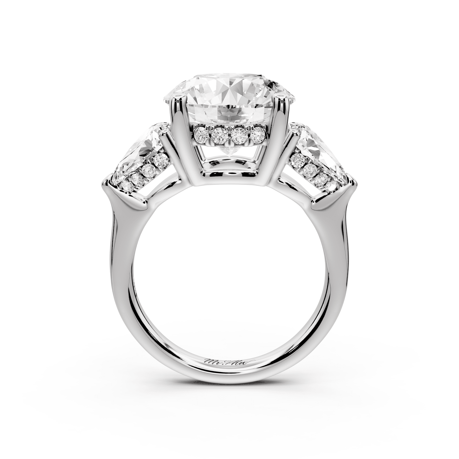 Stella - 5ct 14k white gold Three Stone round with pears Hidden Halo Engagement Ring - Mr. Alex Jewelry