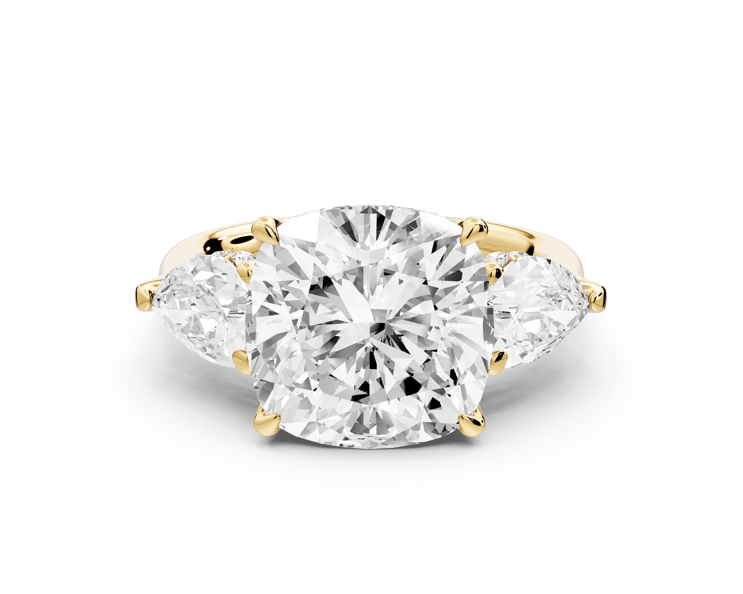 Stella - 5ct 14k yellow gold Three Stone cushion with pears Hidden Halo Engagement Ring - Mr. Alex Jewelry