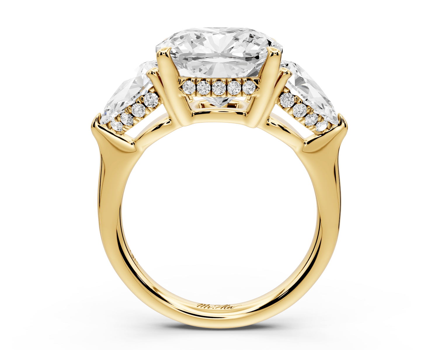 Stella - 5ct 14k yellow gold Three Stone cushion with pears Hidden Halo Engagement Ring - Mr. Alex Jewelry