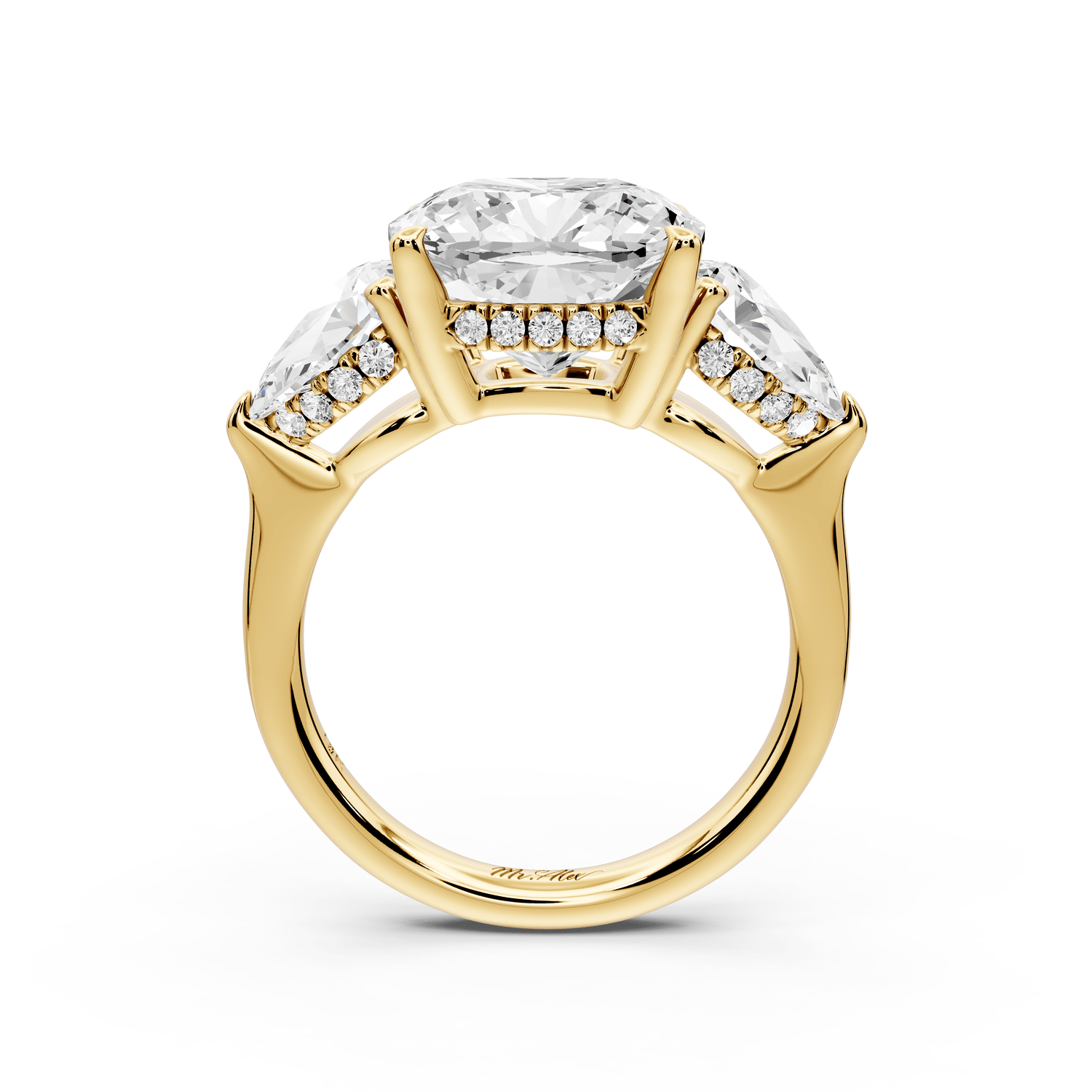 Stella - 5ct 14k yellow gold Three Stone cushion with pears Hidden Halo Engagement Ring - Mr. Alex Jewelry