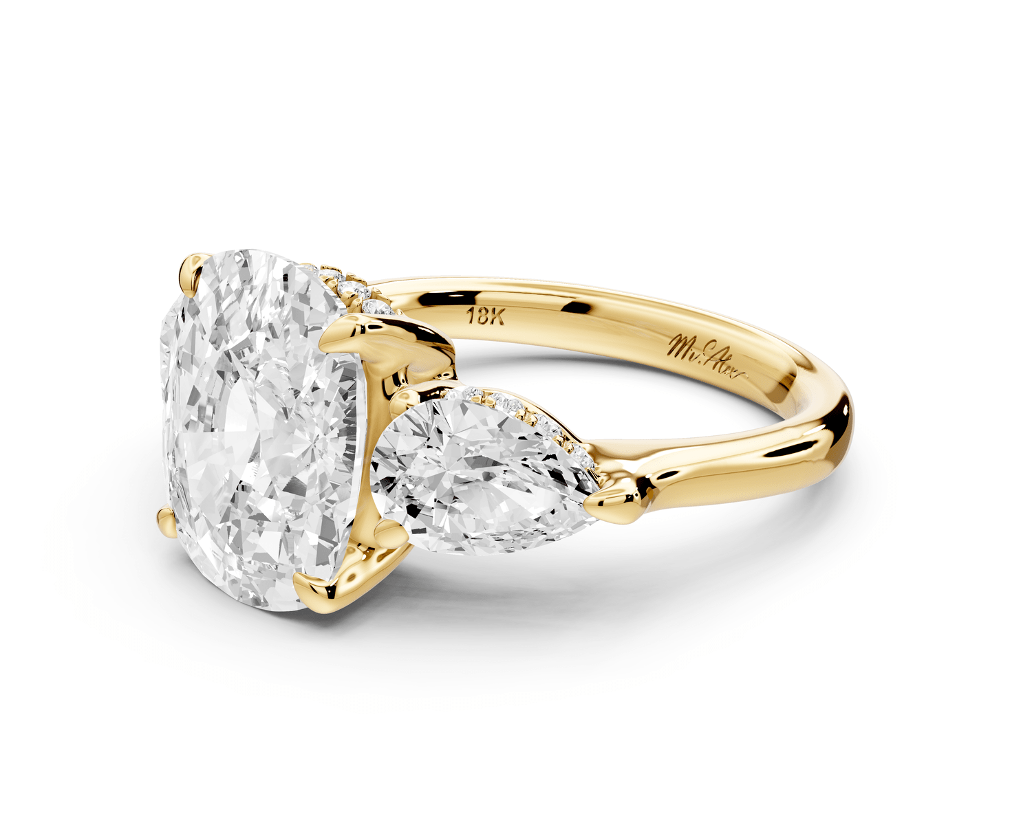 Stella - 5ct 14k yellow gold Three Stone ecushion with pears Hidden Halo Engagement Ring - Mr. Alex Jewelry