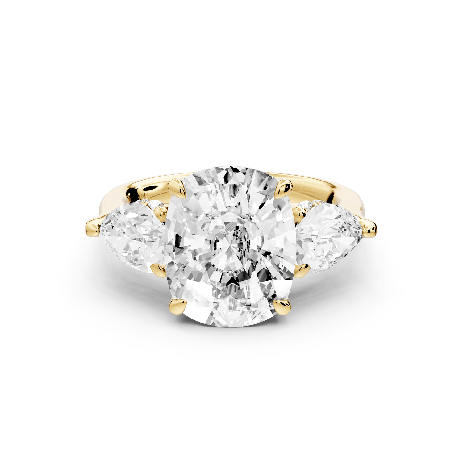 Stella - 5ct 14k yellow gold Three Stone ecushion with pears Hidden Halo Engagement Ring - Mr. Alex Jewelry