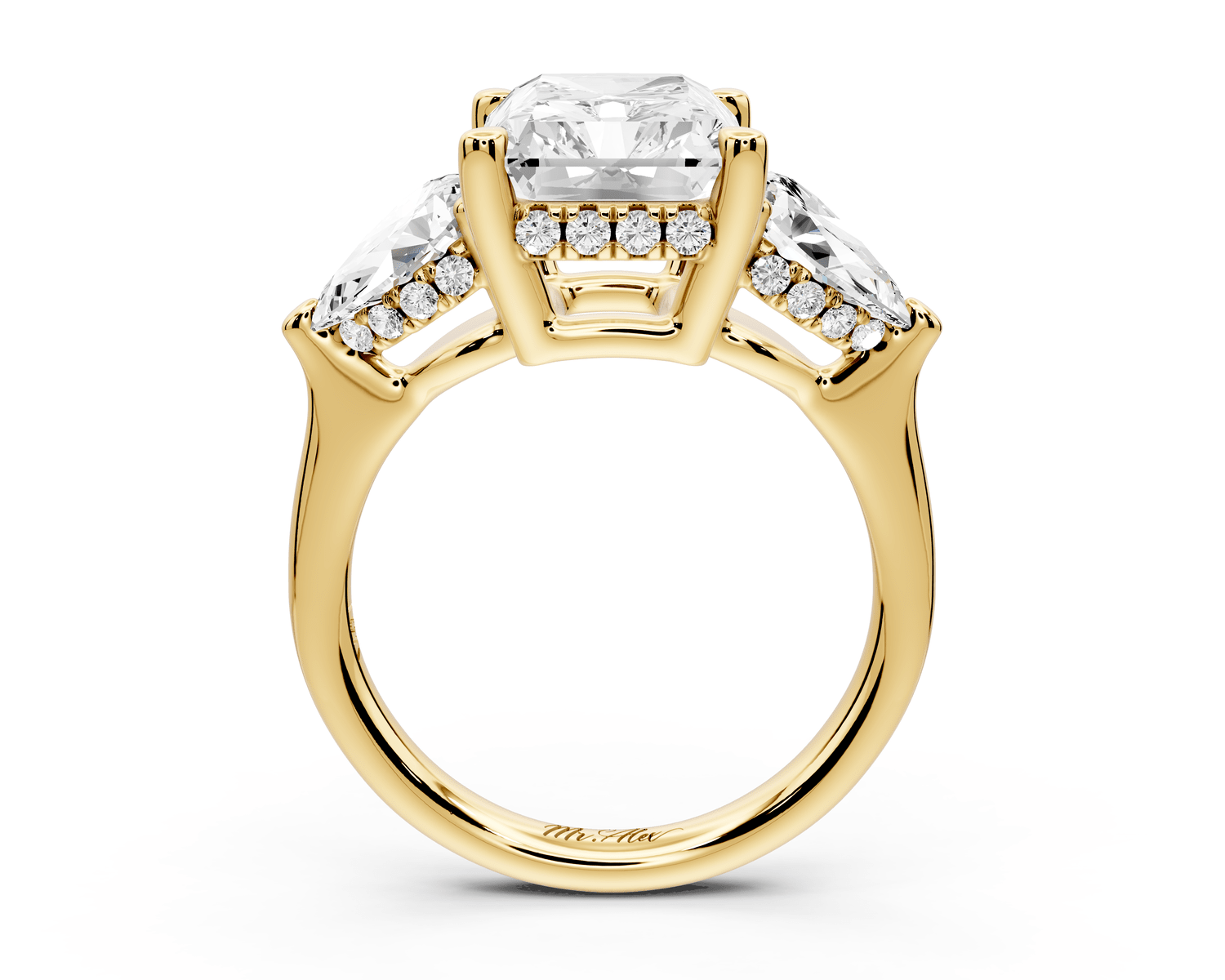 Stella - 5ct 14k yellow gold Three Stone radiant with pears Hidden Halo Engagement Ring - Mr. Alex Jewelry