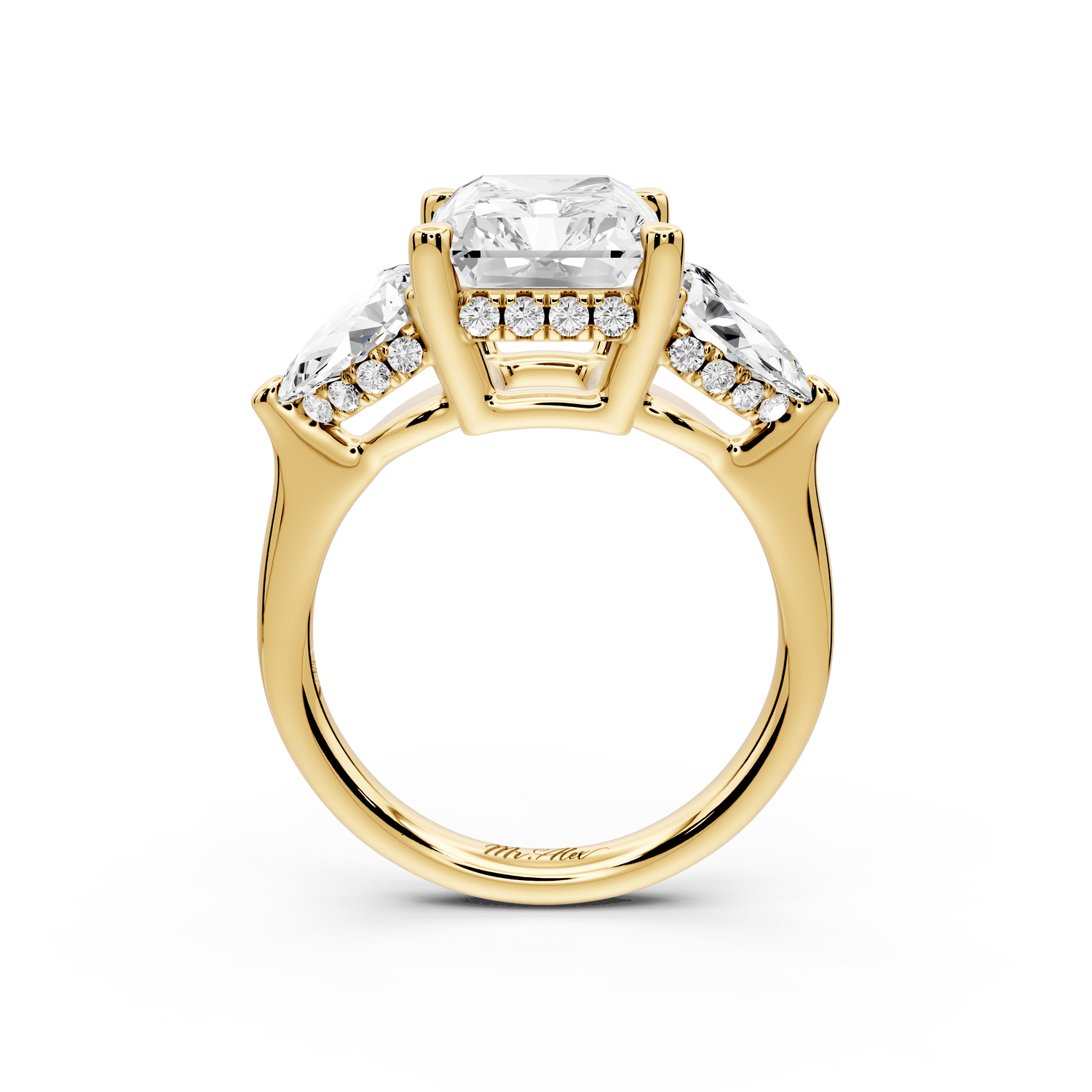Stella - 5ct 14k yellow gold Three Stone radiant with pears Hidden Halo Engagement Ring - Mr. Alex Jewelry