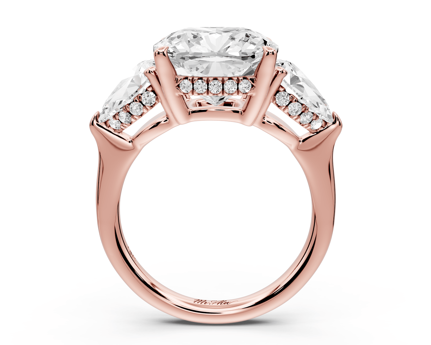 Stella - 5ct 18k rose gold Three Stone cushion with pears Hidden Halo Engagement Ring - Mr. Alex Jewelry