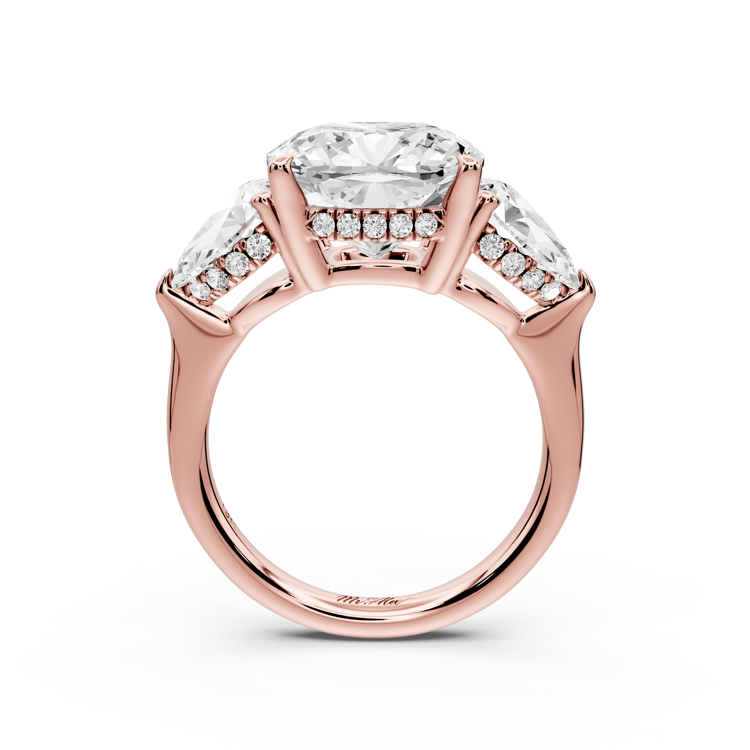 Stella - 5ct 18k rose gold Three Stone cushion with pears Hidden Halo Engagement Ring - Mr. Alex Jewelry