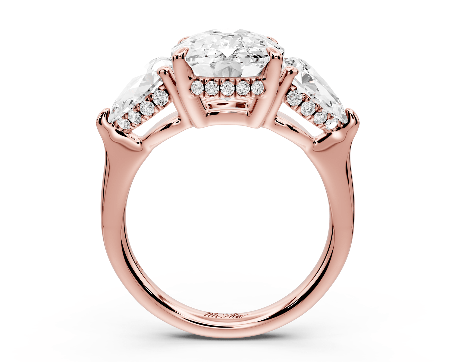 Stella - 5ct 18k rose gold Three Stone ecushion with pears Hidden Halo Engagement Ring - Mr. Alex Jewelry