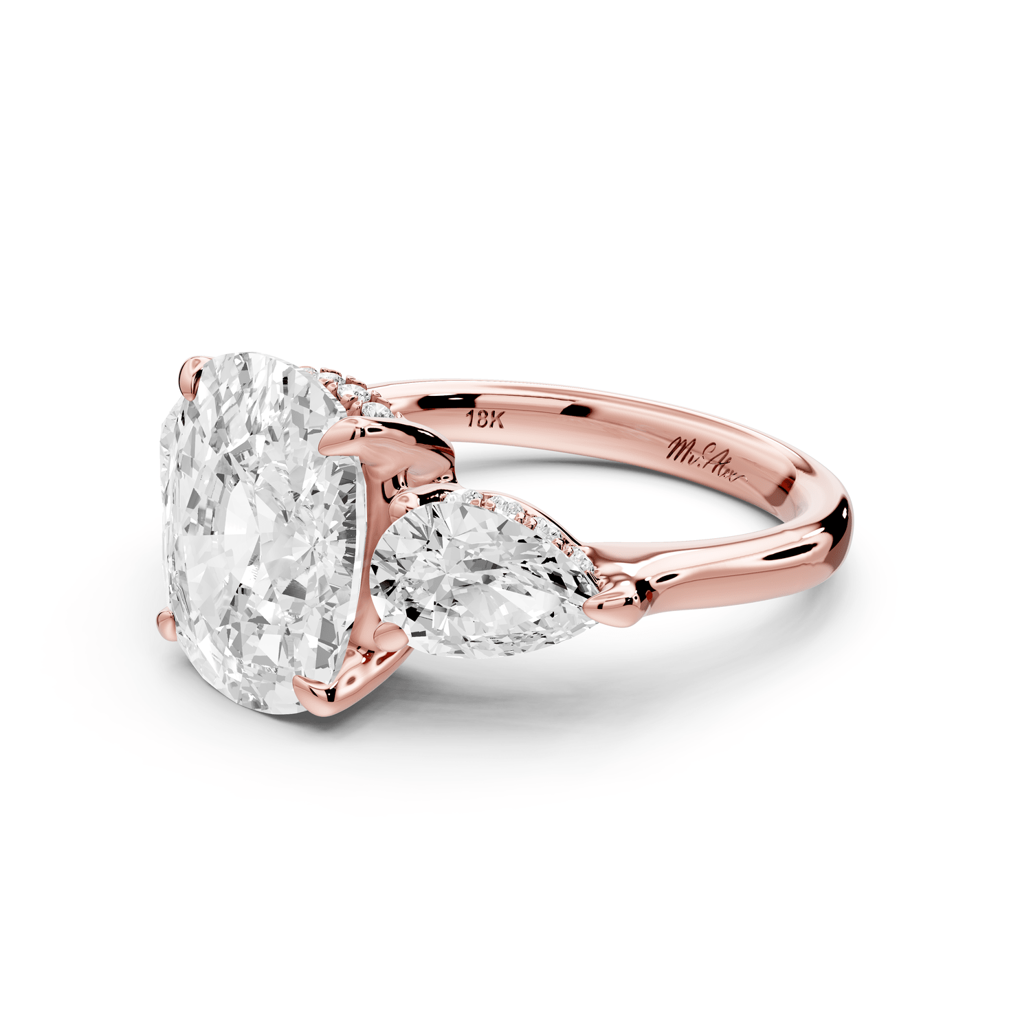 Stella - 5ct 18k rose gold Three Stone ecushion with pears Hidden Halo Engagement Ring - Mr. Alex Jewelry