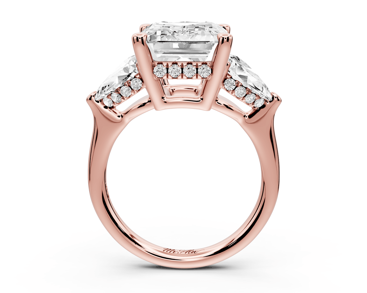 Stella - 5ct 18k rose gold Three Stone emerald with pears Hidden Halo Engagement Ring - Mr. Alex Jewelry