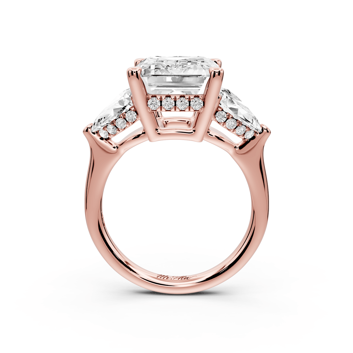 Stella - 5ct 18k rose gold Three Stone emerald with pears Hidden Halo Engagement Ring - Mr. Alex Jewelry