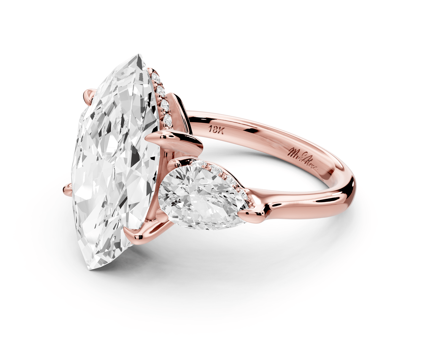 Stella - 5ct 18k rose gold Three Stone marquise with pears Hidden Halo Engagement Ring - Mr. Alex Jewelry