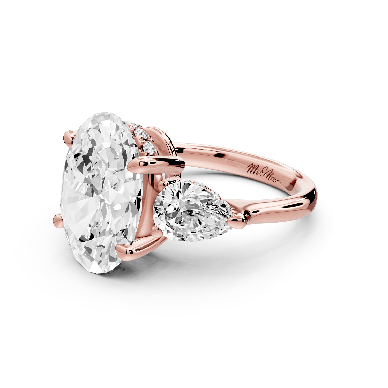 Stella - 5ct 18k rose gold Three Stone oval with pears Hidden Halo Engagement Ring - Mr. Alex Jewelry