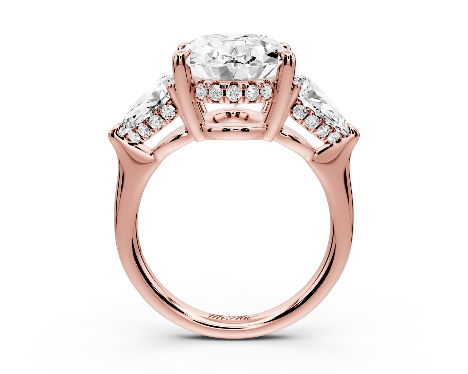 Stella - 5ct 18k rose gold Three Stone oval with pears Hidden Halo Engagement Ring - Mr. Alex Jewelry
