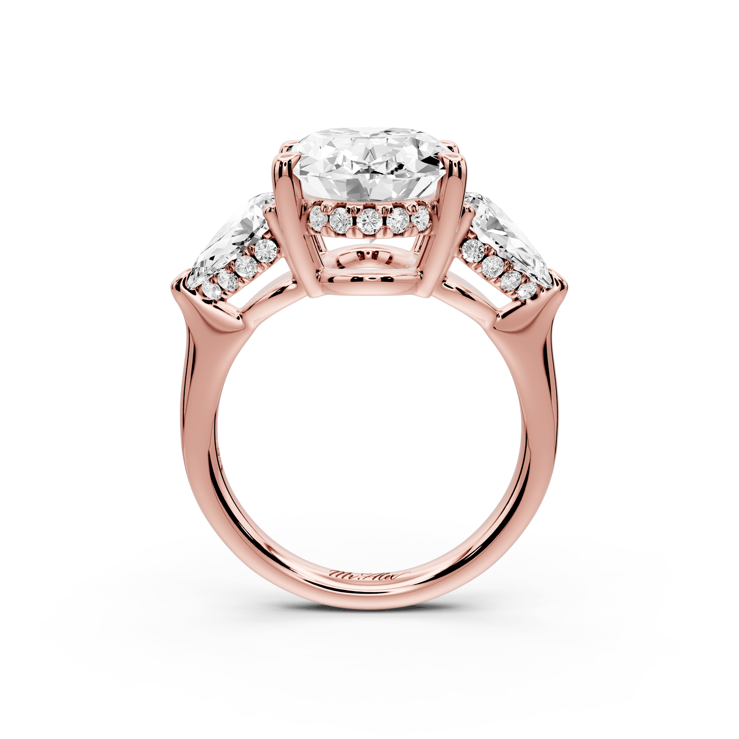 Stella - 5ct 18k rose gold Three Stone oval with pears Hidden Halo Engagement Ring - Mr. Alex Jewelry