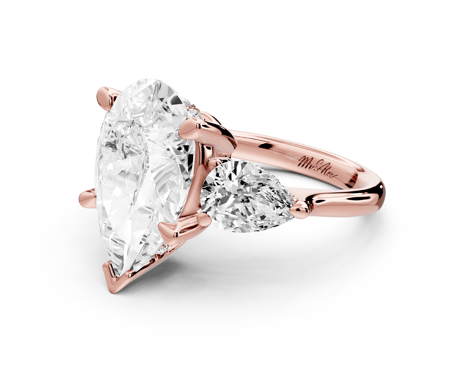 Stella - 5ct 18k rose gold Three Stone pear with pears Hidden Halo Engagement Ring - Mr. Alex Jewelry