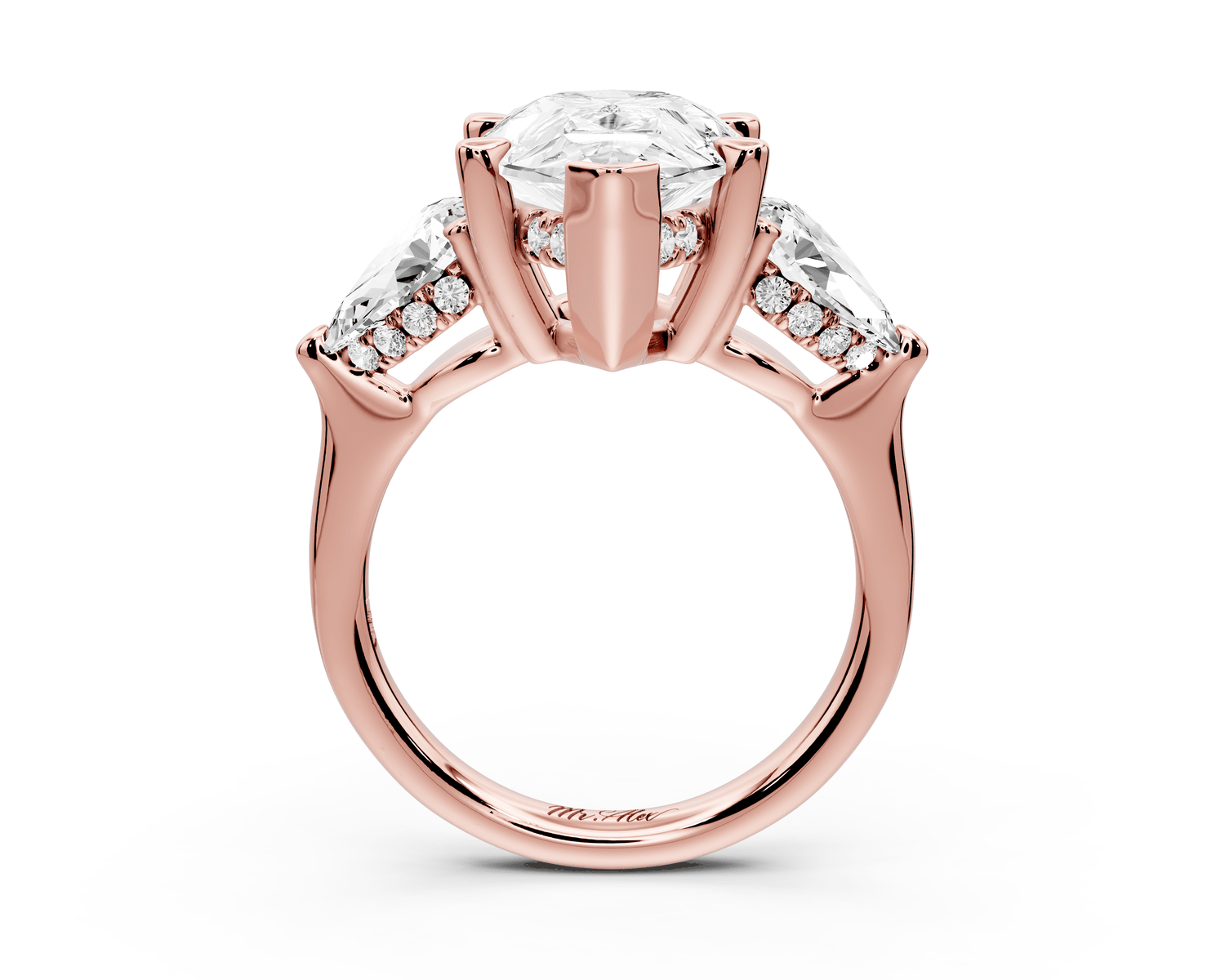 Stella - 5ct 18k rose gold Three Stone pear with pears Hidden Halo Engagement Ring - Mr. Alex Jewelry
