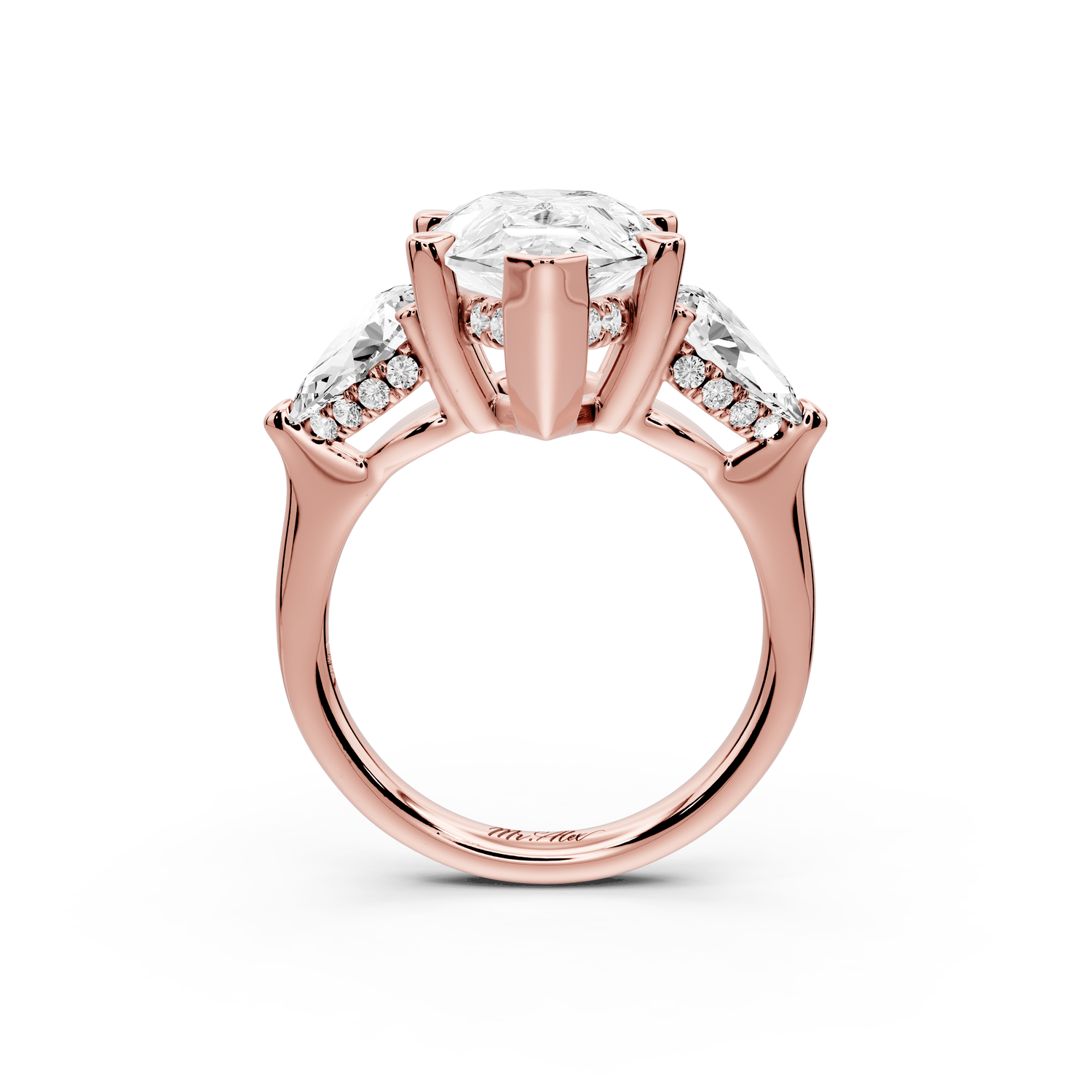 Stella - 5ct 18k rose gold Three Stone pear with pears Hidden Halo Engagement Ring - Mr. Alex Jewelry