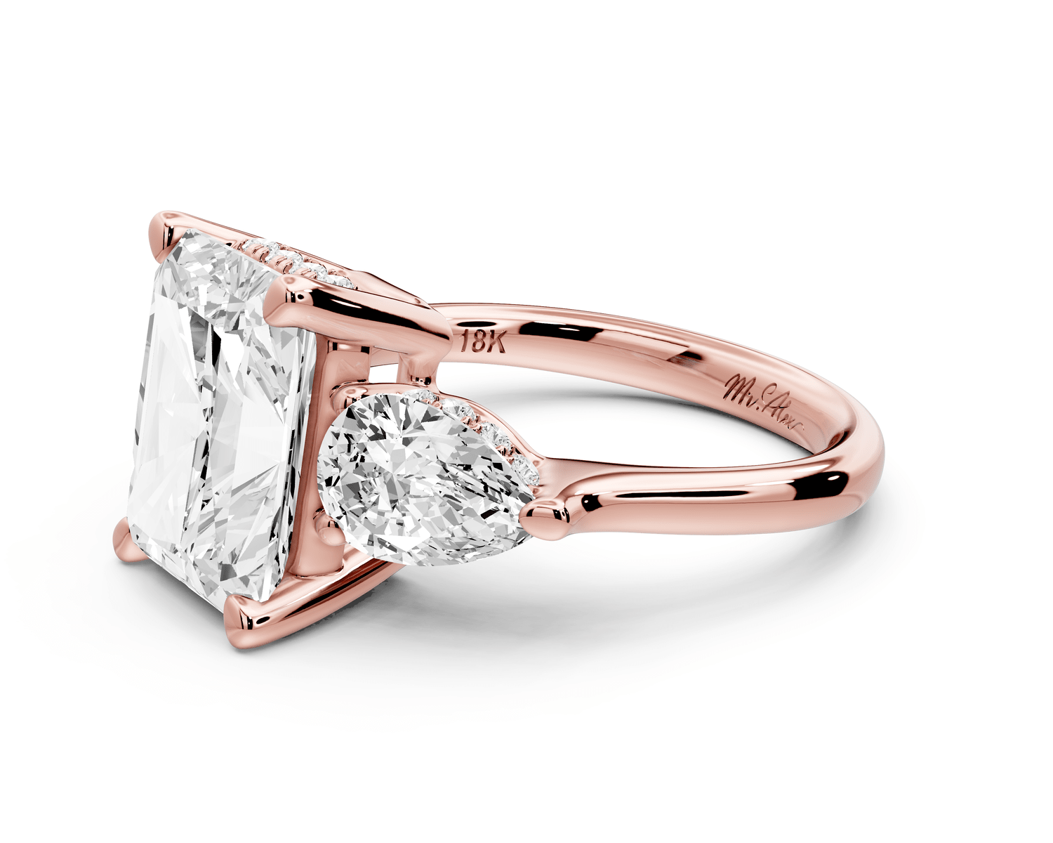 Stella - 5ct 18k rose gold Three Stone radiant with pears Hidden Halo Engagement Ring - Mr. Alex Jewelry