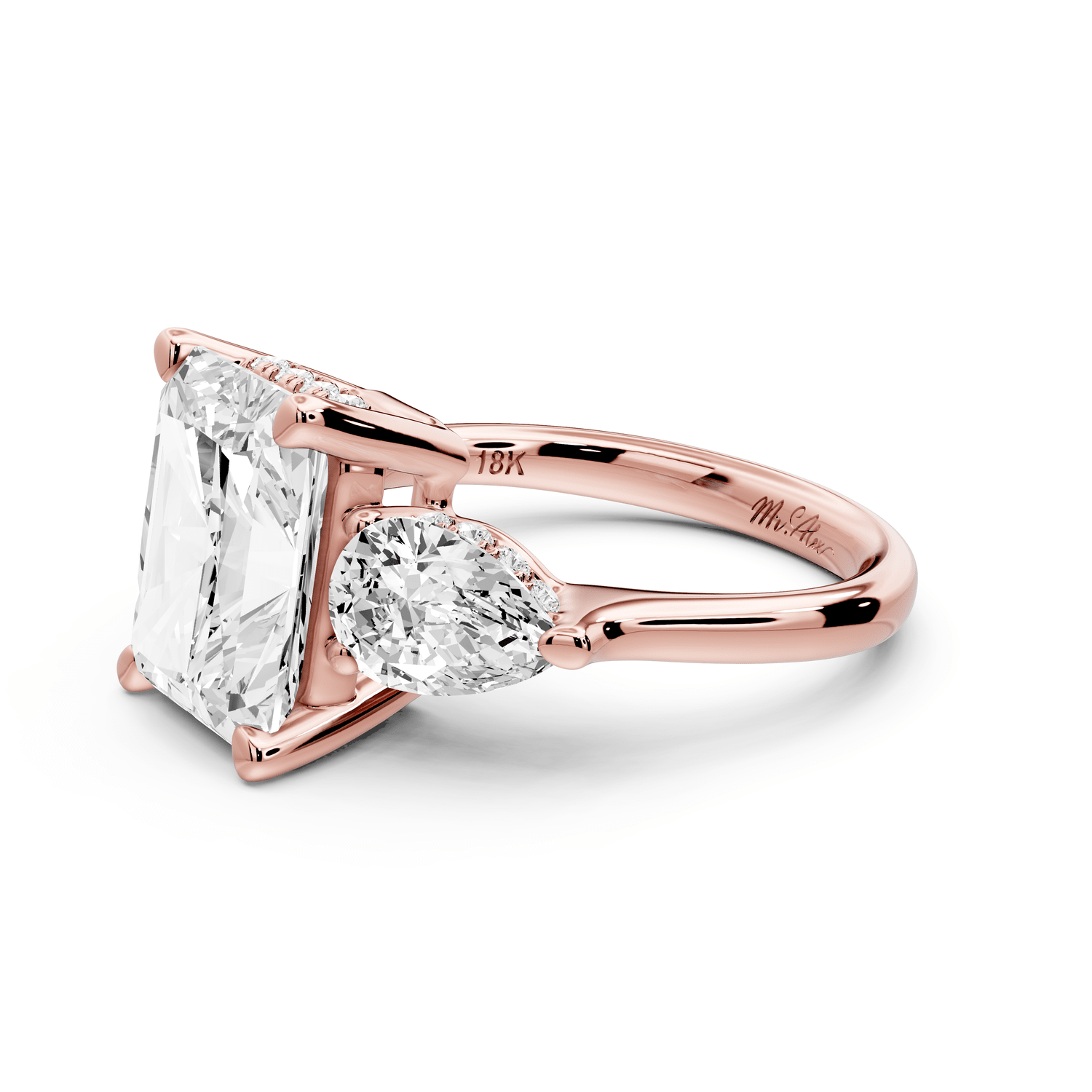 Stella - 5ct 18k rose gold Three Stone radiant with pears Hidden Halo Engagement Ring - Mr. Alex Jewelry