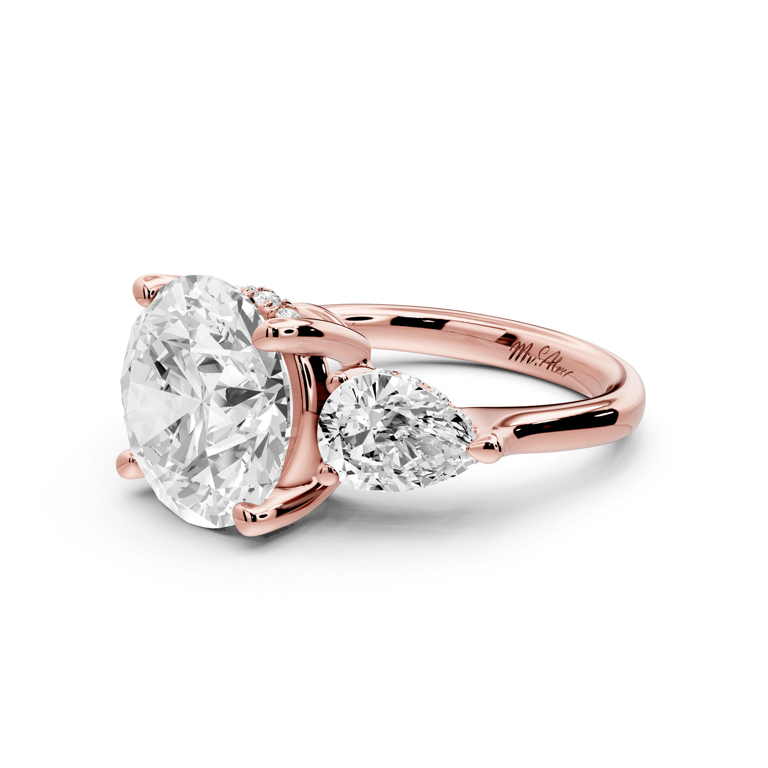 Stella - 5ct 18k rose gold Three Stone round with pears Hidden Halo Engagement Ring - Mr. Alex Jewelry