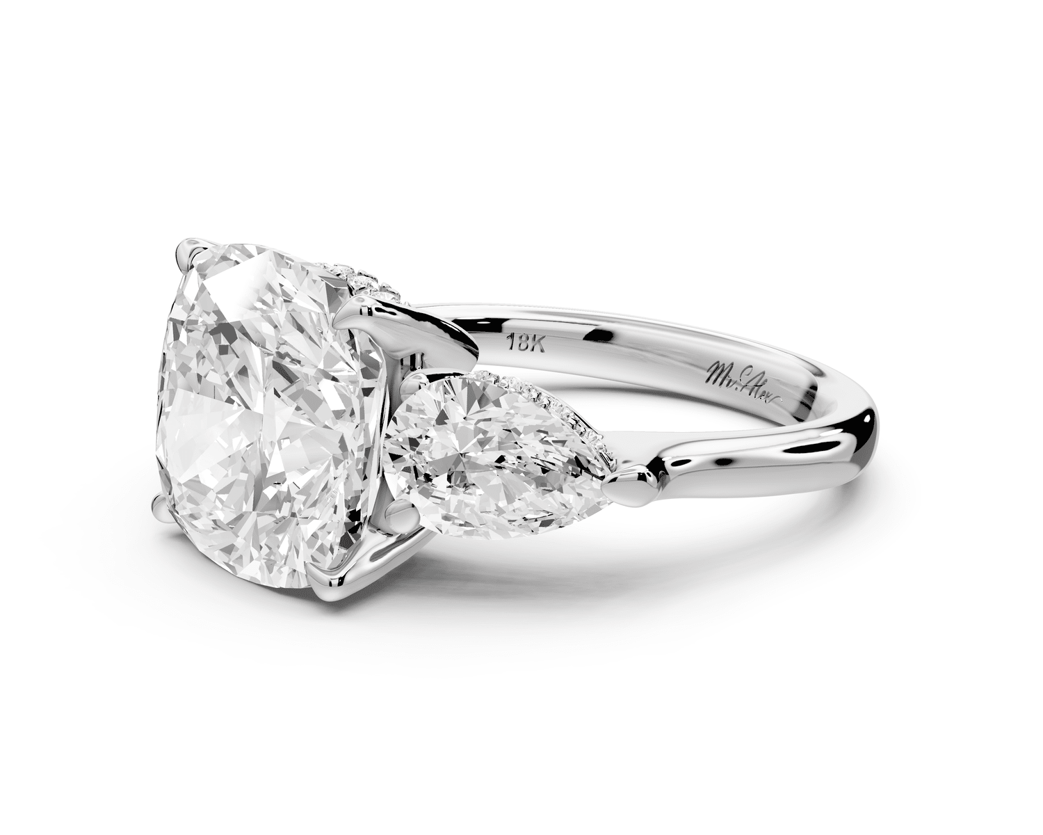 Stella - 5ct 18k white gold Three Stone cushion with pears Hidden Halo Engagement Ring - Mr. Alex Jewelry