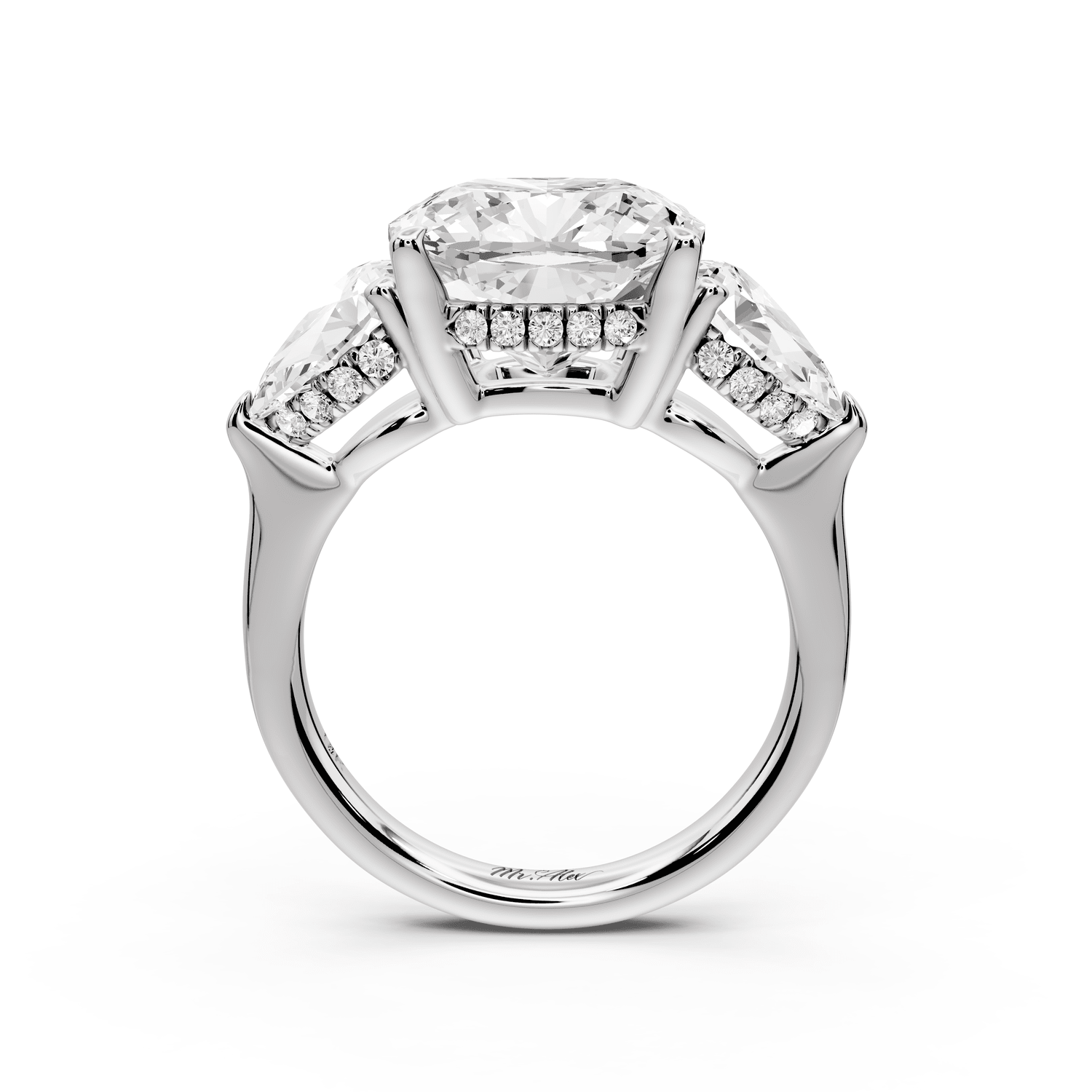 Stella - 5ct 18k white gold Three Stone cushion with pears Hidden Halo Engagement Ring - Mr. Alex Jewelry