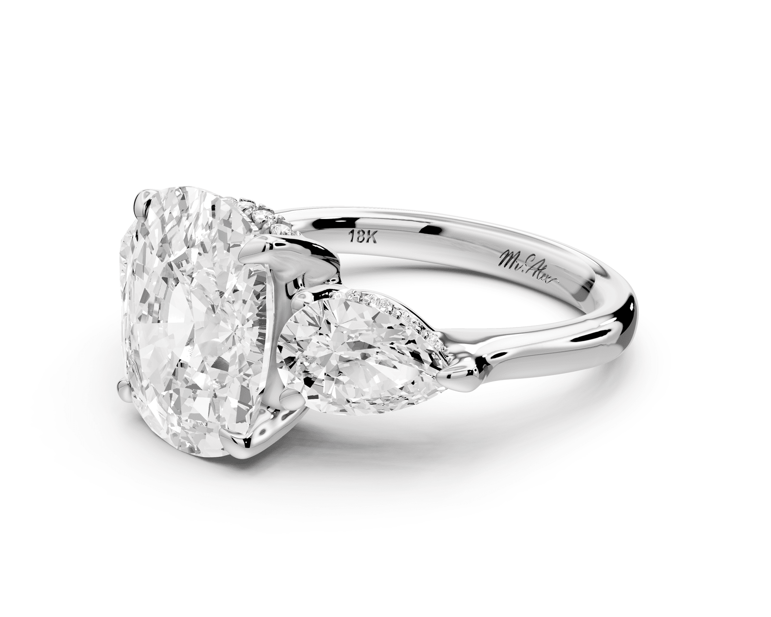 Stella - 5ct 18k white gold Three Stone ecushion with pears Hidden Halo Engagement Ring - Mr. Alex Jewelry