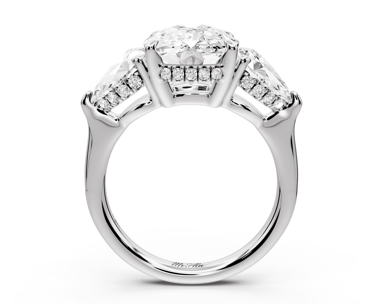 Stella - 5ct 18k white gold Three Stone ecushion with pears Hidden Halo Engagement Ring - Mr. Alex Jewelry