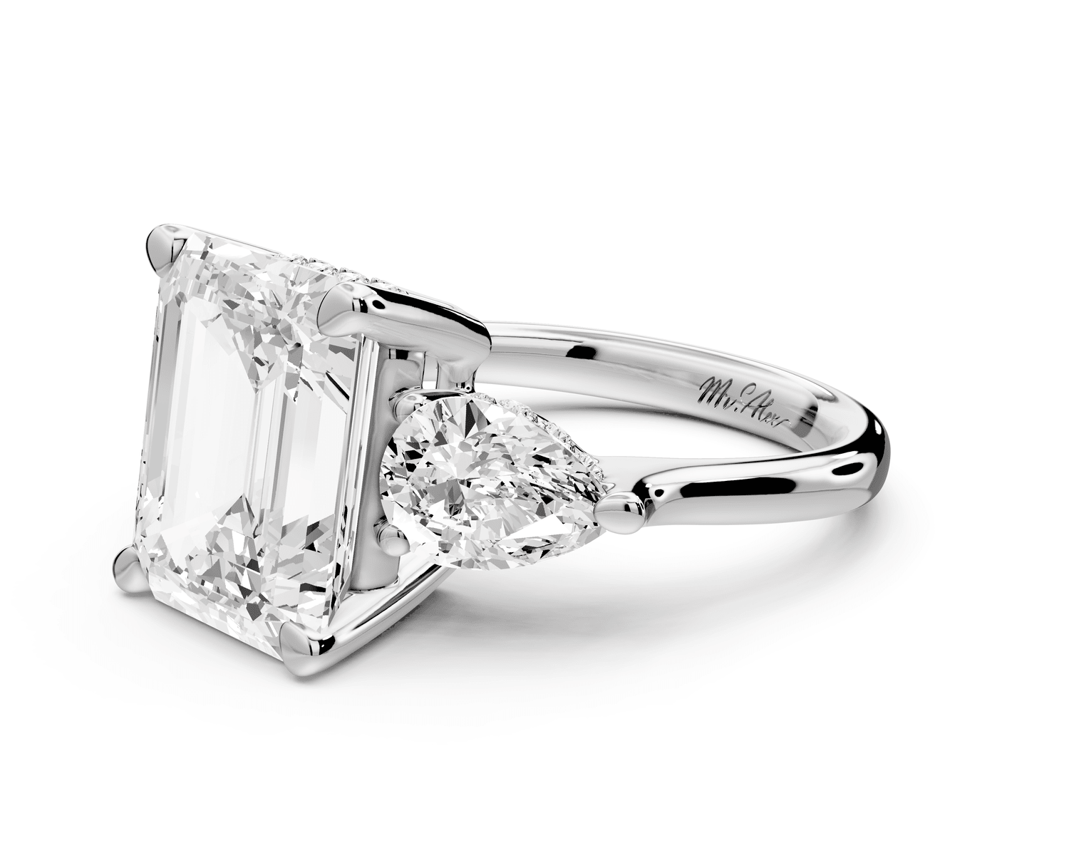 Stella - 5ct 18k white gold Three Stone emerald with pears Hidden Halo Engagement Ring - Mr. Alex Jewelry