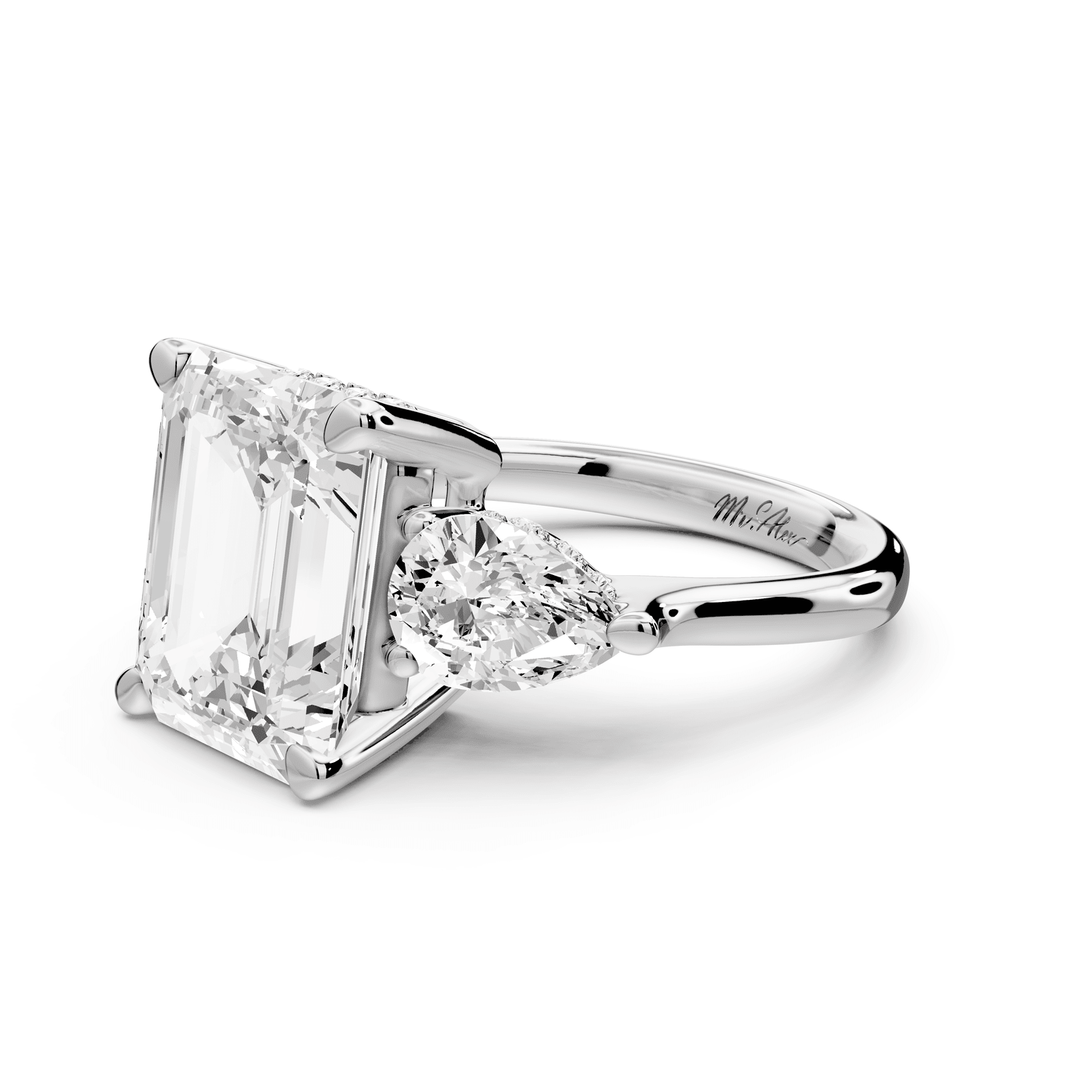 Stella - 5ct 18k white gold Three Stone emerald with pears Hidden Halo Engagement Ring - Mr. Alex Jewelry