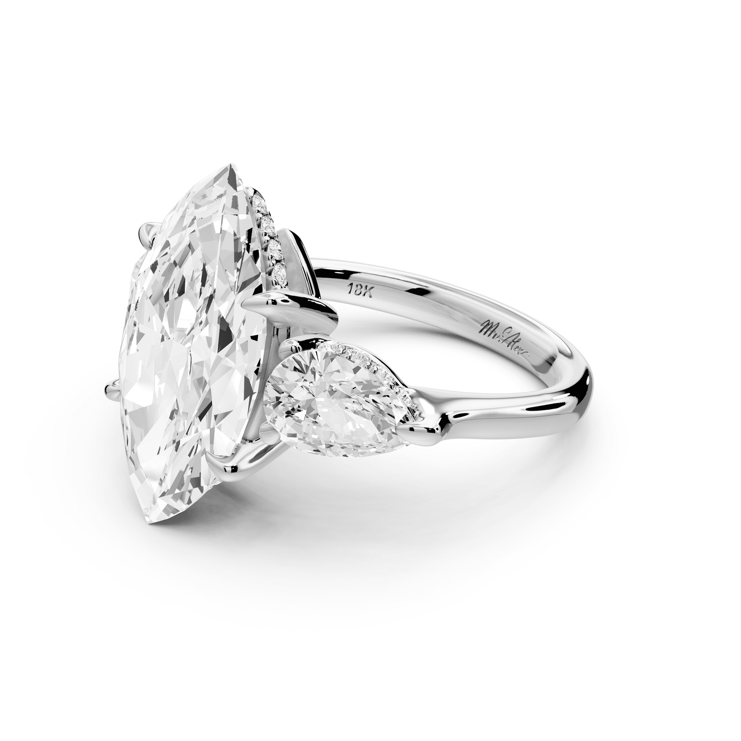 Stella - 5ct 18k white gold Three Stone marquise with pears Hidden Halo Engagement Ring - Mr. Alex Jewelry